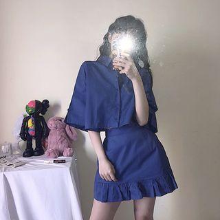 Elbow-sleeve Cropped Shirt / Ruffle Hem A-line Skirt