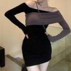 Two-tone Long-sleeve Off-shoulder Bodycon Dress