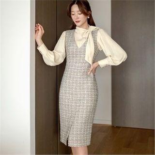 V-neck H-line Midi Tweed Pinafore Dress