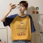 Short-sleeve Raglan Cartoon Print Round Neck T-shirt