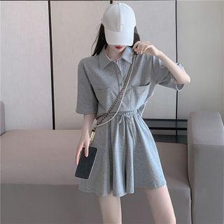 Set: Elbow-sleeve Polo Shirt + Drawstring Mini A-line Skirt