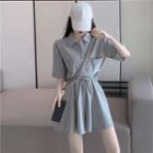 Set: Elbow-sleeve Polo Shirt + Drawstring Mini A-line Skirt