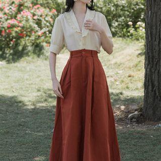 Set: Short-sleeve V-neck Shirt + Midi A-line Skirt