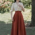 Set: Short-sleeve V-neck Shirt + Midi A-line Skirt
