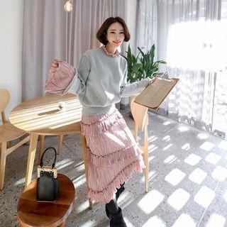 Set: Frilled-detail Pullover + Band-waist Pleated Skirt