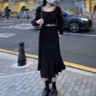 Long-sleeve Square Neck Cropped Top / A-line Midi Skirt