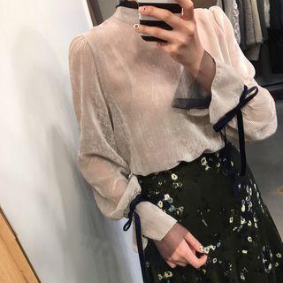Bow Accent Long Sleeve Velvet Top