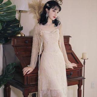 Spaghetti Strap Midi A-line Lace Dress / Jacket / Set