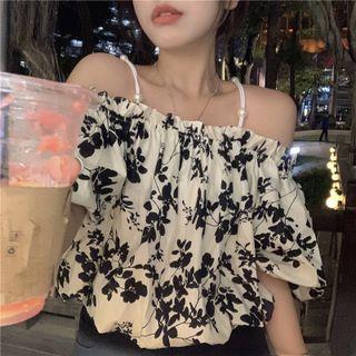 Cold-shoulder Floral Blouse Black & White - One Size