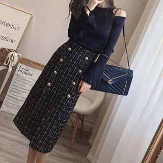 Cold Shoulder Long-sleeve Knit Top / Button Detail Straight-fit Skirt / Set