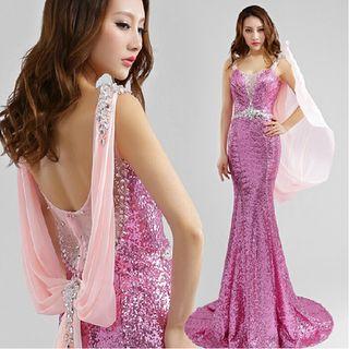 Sequined Sleeveless Trained Mermaid Evening Gown