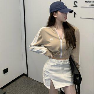 Logo Two-tone Zip-up Cropped Cardigan Khaki - One Size
