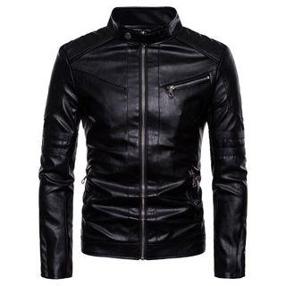Mock-neck Faux Leather Zip Jacket