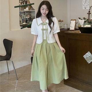 Peter Pan-collar Short-sleeve Printed Frog-button Blouse / High-waist Plain Skirt