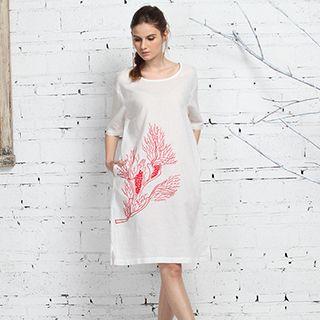 Elbow-sleeve Linen A-line Dress