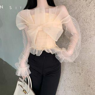 Bell-sleeve Ribbon Mesh Blouse / Straight Leg Pants