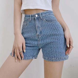 Mid Rise Textured Wide Leg Denim Shorts