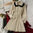 Contrasted Peter Pan-collar Pleated Midi Dress