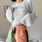 Set Of 2: Long-sleeve Plain Crop Top + Cropped Camisole Top
