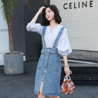 V-neck Elbow-sleeve Blouse / Pocket Detail Denim Suspender Skirt / Set