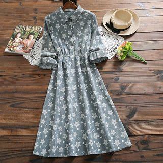 Long-sleeve Star Print Midi A-line Corduroy Shirtdress