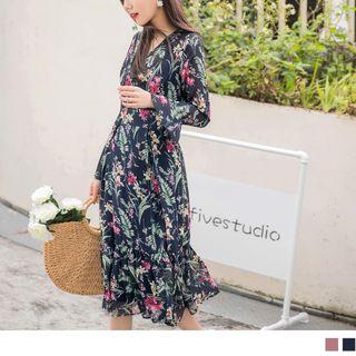 Bell Sleeve Floral Print Ruffled Hem V-neck Midi Dress