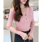 Lace-trim Rib-knit Top Pink - One Size