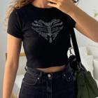 Short-sleeve Crew-neck Rhinestone Heart Cropped T-shirt