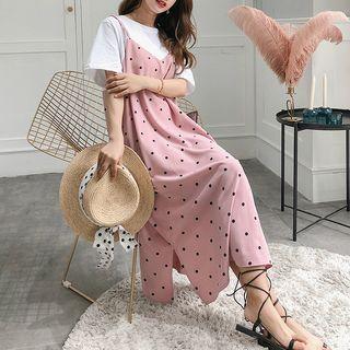 Mock Two-piece Short-sleeve Dotted Midi Dress