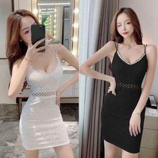 Spaghetti Strap Rhinestone Lace Mini Bodycon Dress