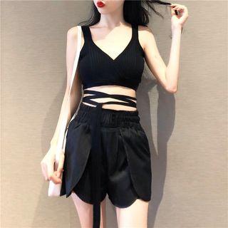 Plain Long Sleeve T-shirt / Wide Leg Shorts / Crisscross Knit Tank Top