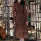 Dotted Long-sleeve Collar A-line Dress With Belt