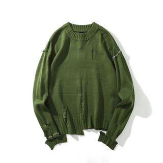 Asymmetric Distressed Round Neck Sweater