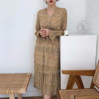 Leopard Long-sleeve Tiered Midi Dress As Shown In Figure - One Size