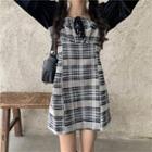 Plaid Puff-sleeve Dress As Shown In Figure - One Size