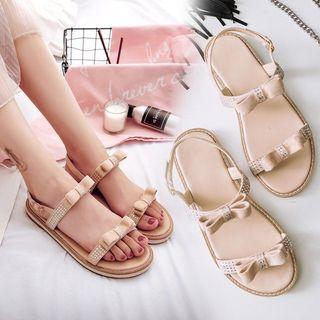 Genuine Leather Rhinestone Bow Strap Sandals