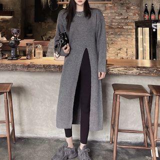 Round-neck Slit Long-sleeve Knit Top Gray - One Size