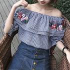 Gingham Embroidered Peasant Blouse