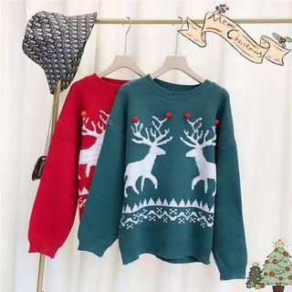 Long-sleeve Deer Printed Knit Top
