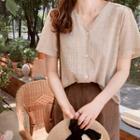 V-neck Perforated Linen Blend Blouse Beige - One Size