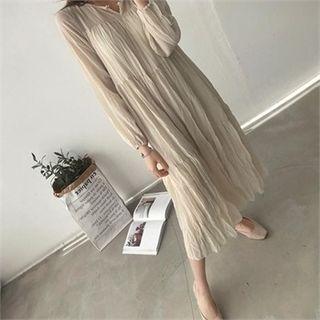 Open-placket Tiered Sheer Long Dress