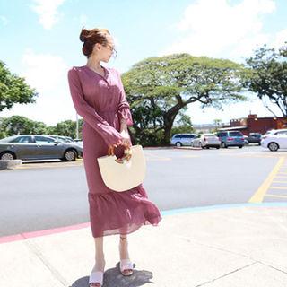 V-neck Ruffle-hem Crinkled Dress