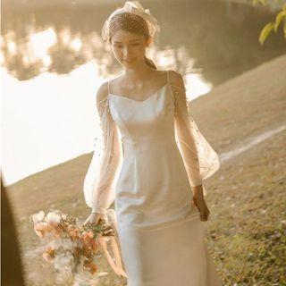 Long-sleeve Cold-shoulder A-line Wedding Gown