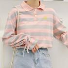 Long-sleeve Striped Polo Shirt Stripe - Pink & Gray - One Size