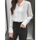 Notched-lapel Long-sleeve Contrast-trim Blouse