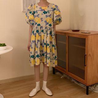 Puff-sleeve Printed Dress As Shown In Figure - One Size