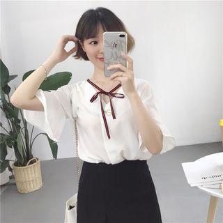Ruffle-sleeve Tie-neck Blouse