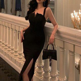 Spaghetti Strap Open-placket Midi Sheath Dress