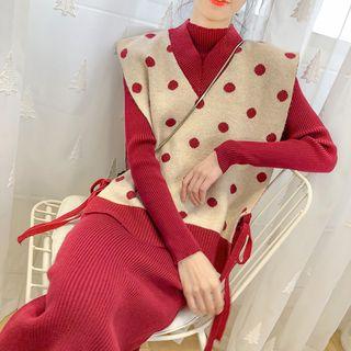 Set: Dotted Knit Vest : Long-sleeve Turtleneck Midi Dress