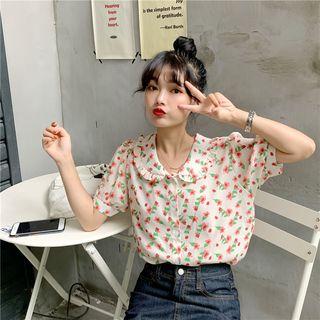Floral Printed Short-sleeve Chiffon Blouse As Shown In Figure - One Size